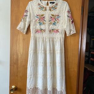 Roolee Cream Midi Dress with Colorful Embroidery